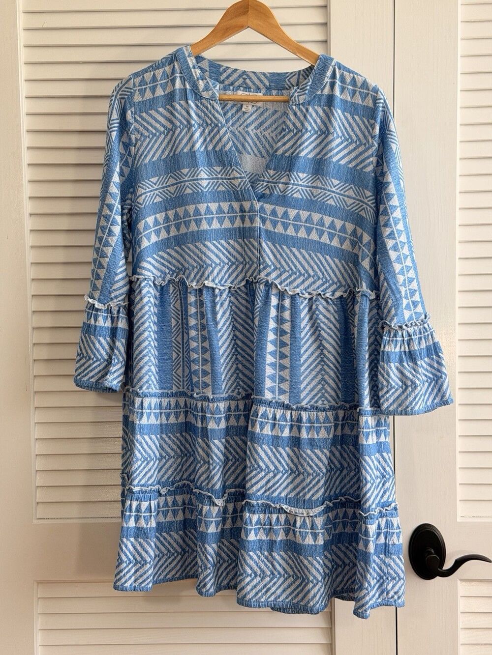 Mud Pie Blue White Geometric Tiered Dress Medium Cotton Boho Bell Sleeve